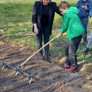 Chłopiec znaczy grządki, kobieta stoi obok