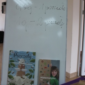 Flipchart z napisem 1 pszczoła -0,5 g  2 pszczoły- 1 g oraz książakmi Matematyka na zielono i Pszczoły