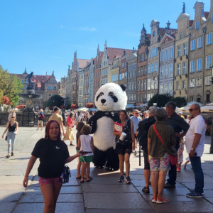 Dużą maskotka misia panda otoczona ludźmi na ulicy.