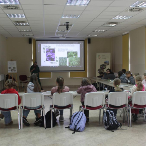 Grupa uczniów siedzi przy stołach oglądając prezentację