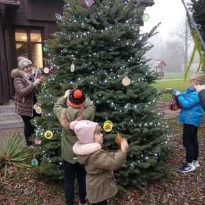 Kobieta kilkorgiem dzieci wieszają ozdoby na bibliotecznej choince  