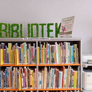 Półka z książkami na niej zielony napis BIBLIOTEKA