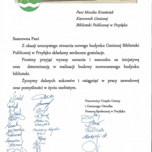 List gratulacyjny - pracownicy UG w Przyłęku