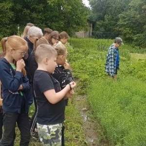 Dzieci oglądają uprawę lnu